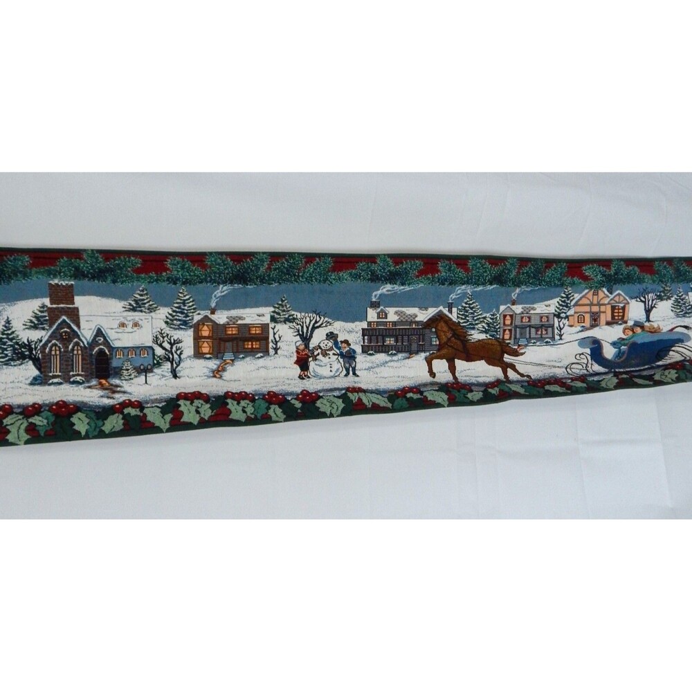 Christmas Tapestry Horse And Carriage Holly Border Snow Covered Houses Snowman